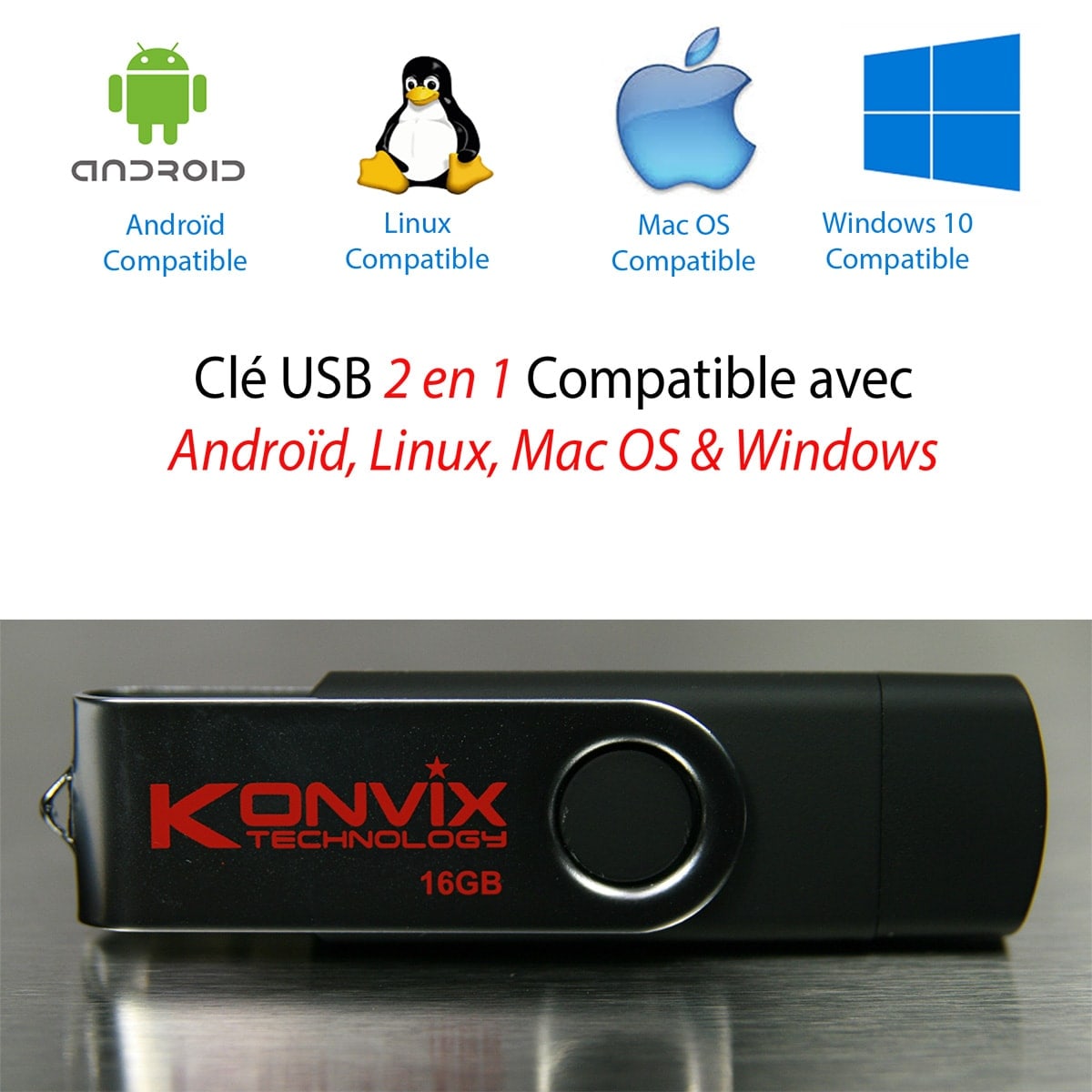 Clé USB OTG DUO-LINK 16GB pour Androïd, Windows, Linux, Mac os.