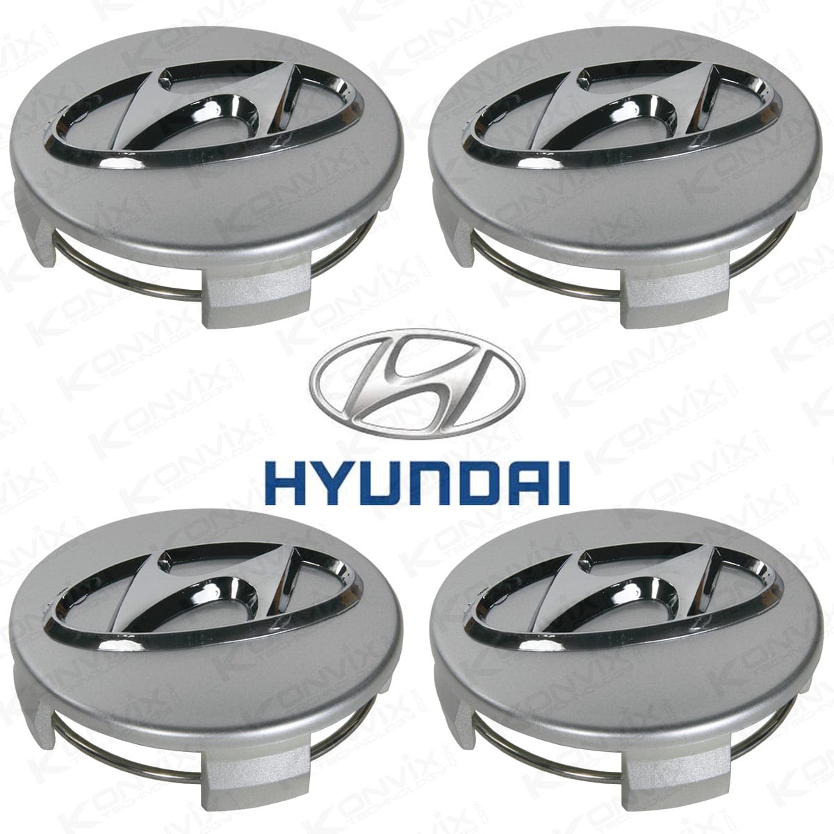 Lot de 4 caches moyeux HYUNDAI 60 mm logo Chrome fond mat