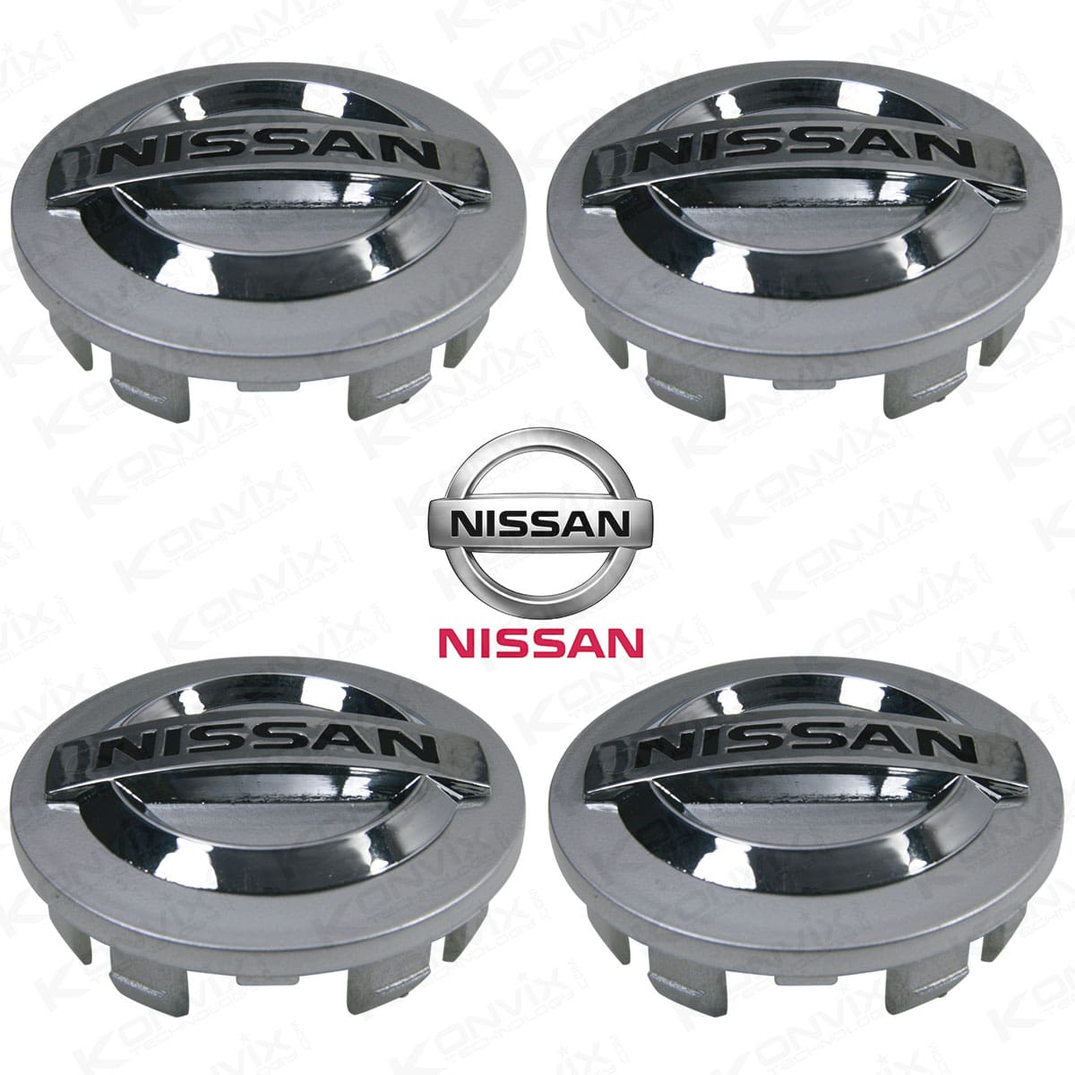 Lot de 4 Caches moyeux NISSAN diamètre 53 mm Logo Chrome et noir fond mat