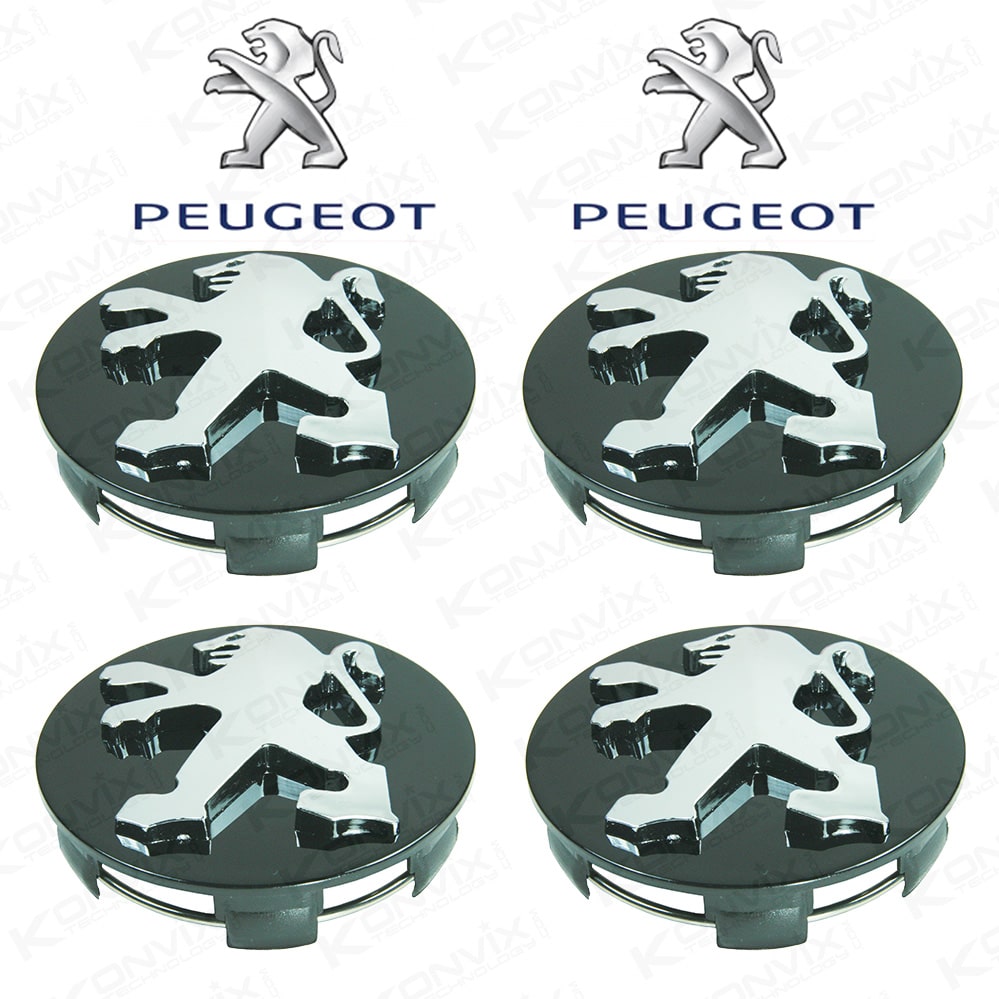 Lot de 4 caches moyeux PEUGEOT 60mm logo Chrome fond Noir