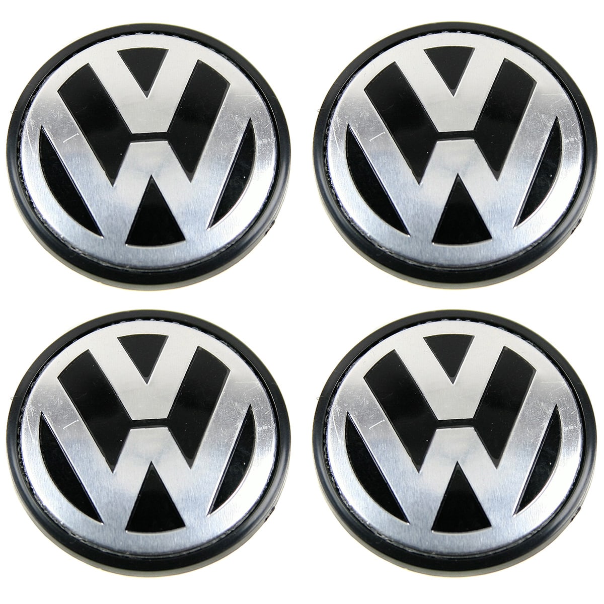 Caches moyeux centre de roues 65mm logo VW chrome fond noir.