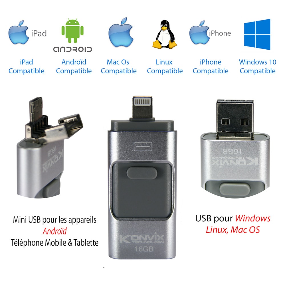 Clé I-USB-Storer 16GB pour iPhone, iPad, Mac os, Windows, Linux, et appareils Androïd.
