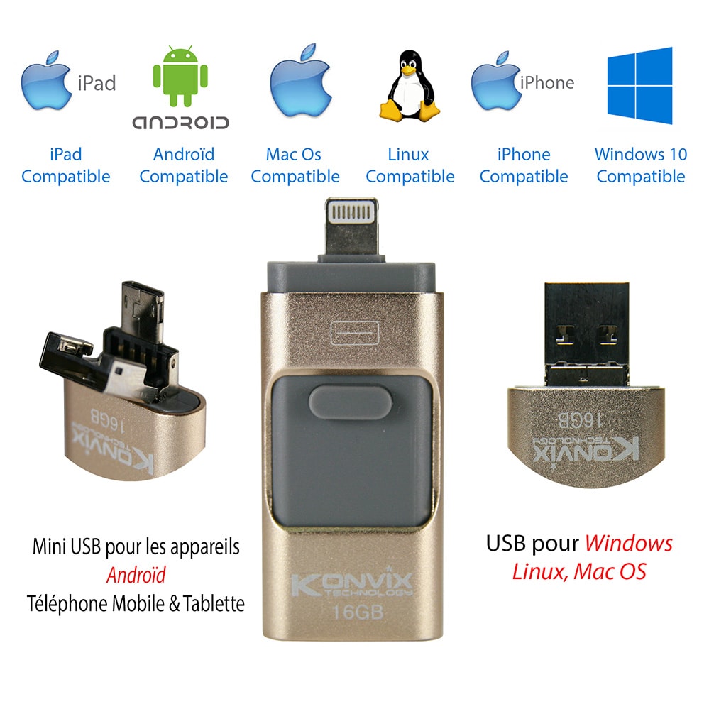Clé I-USB-Storer 16GB pour iPhone, iPad, Mac os, Windows, Linux, Androïd.