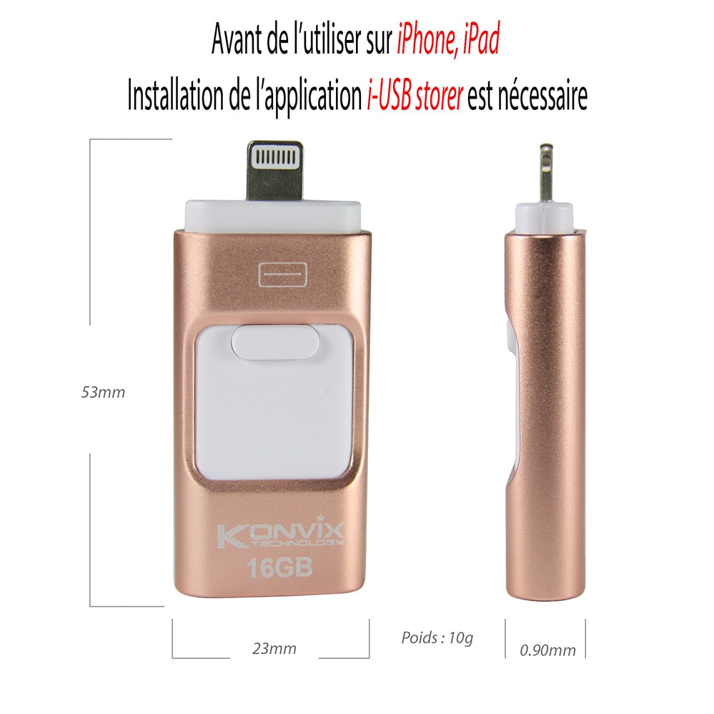 Clé I-USB-Storer 16GB pour iPhone, iPad, Mac os, Windows, Linux, Android. Couleur Rose.