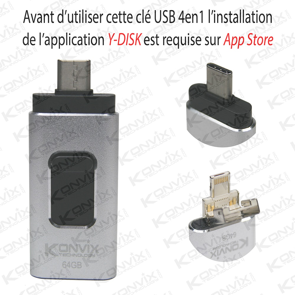 Clé USB 4en1 64GB iPhone, Type C, USB, Micro USB 
Pour iOS/Linux/Androïd/Pc&Mac
